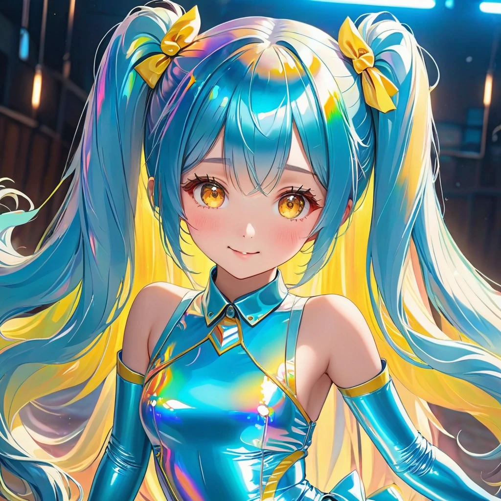 (Angelic Very beautiful cute girl),
Beautiful detailed eyes,
Detailed double eyelids,
(Cute eyes),
Light blue long hair、Focus firmly on the chest of the twin tails, Beautiful detailed face and eyes with adorable smile,
drooping eyes,BREAK
(Super Gloss Metallic Coral Yellow Transparent Holographic Suit:1.2), (Super Tight Fit Holographic Suit、Superreflective surface:1.5),
(Super Tight Fit Holographic Suit:1.5) ,
(Super Reflective Holographic Suit:1.3),
small nose,(:1.3),
Beautiful best quality:1.2),
Raw photo,
High resolution,
perfect detail,
Professional Photography,
Professional Lighting,
Strong lighting of the bodysuit,Outdoor photography,Long leg、