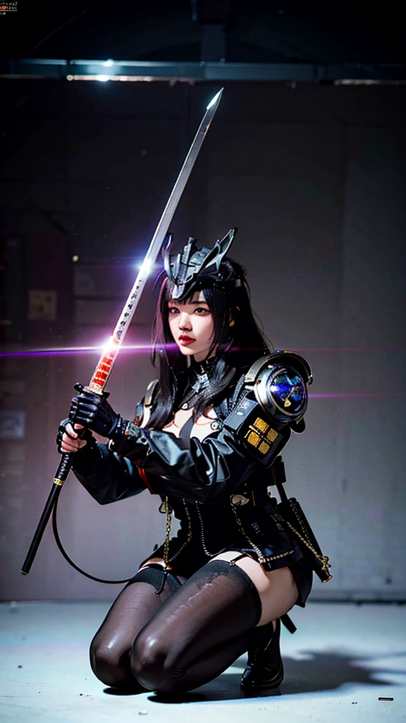 Surreal version of a woman kneeling down on one knee with sword in hand, very beautiful cyberpunk samurai,Sitting on one knee,Futuritic background, cyberpunk anime art, cyberpunk samurai, cyberpunk city anime art, cyberpunk anime, cgsociety 9, digital cyberpunk anime art, style of maciej kuciara .1girl, samurai armor, devil mask helmet, intricate, detailed ornaments, cold colors, metallic, Egyptian details, details very complex, realistic lighting, trending on social cgs, glowing eyes, facing camera, neon details, surreal details, full body portrait, Japanese atmosphere, lighting global, shadow, octane rendering, 8k, super sharp ta.((Best quality)), ((masterpiece)), (details:1.4), 3D, image of a female cyberpunk beautiful,HDR (High Dynamic Range),Beam Range,NVIDIA RTX,Ultra High Resolution,Unreal 5,Subsurface Scattering,PBR Textures,Post-processing,Anisotropic Filtering,Depth of Field, Maximum clarity and sharpness, Multi-layer textures, Albedo and Reflection maps, Surface shadows, Accurate simulation of light-material interaction, Perfect scaling, Octane rendering, Two-tone lighting Color, Wide Aperture, Low ISO, White Balance, Rule of Thirds, 8K RAW,Smoke color background, Blade red blood,Lisa BlackPink ,