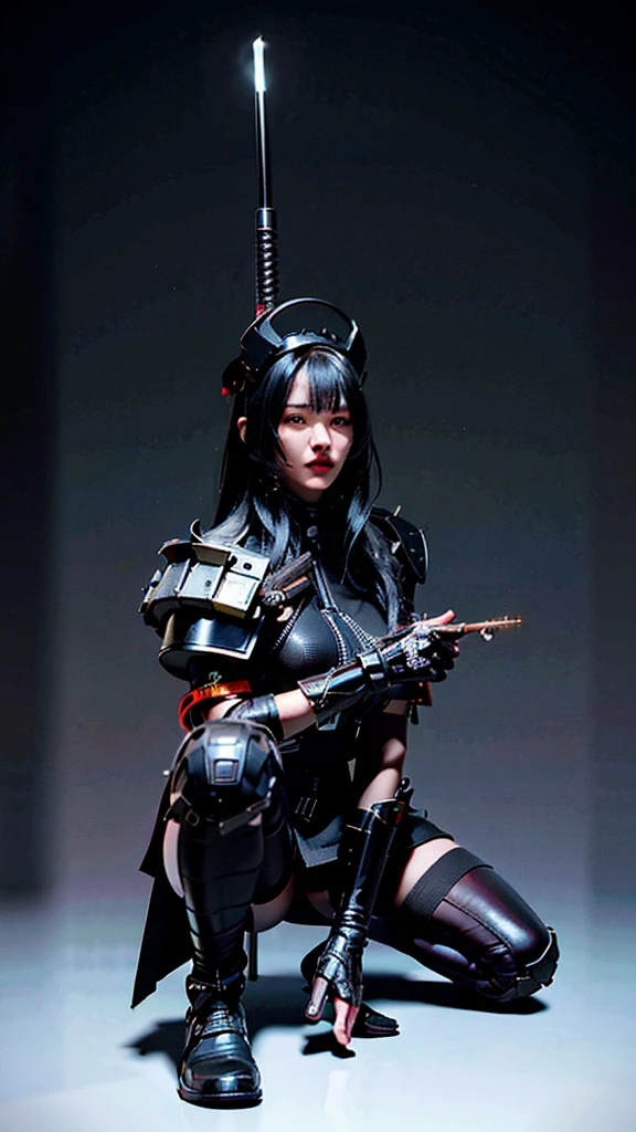 Surreal version of a woman kneeling down on one knee with sword in hand, very beautiful cyberpunk samurai,Sitting on one knee,Futuritic background,  cyberpunk anime art, cyberpunk samurai, cyberpunk city anime art, cyberpunk anime, cgsociety 9, digital cyberpunk anime art, style of maciej kuciara .1girl, samurai armor, devil mask helmet, intricate, detailed ornaments, cold colors, metallic, Egyptian details, details very complex, realistic lighting, trending on social cgs, glowing eyes, facing camera, neon details, surreal details, full body portrait, Japanese atmosphere, lighting global, shadow, octane rendering, 8k, super sharp ta.((Best quality)), ((masterpiece)), (details:1.4), 3D, image of a female cyberpunk beautiful,HDR (High Dynamic Range),Beam Range,NVIDIA RTX,Ultra High Resolution,Unreal 5,Subsurface Scattering,PBR Textures,Post-processing,Anisotropic Filtering,Depth of Field, Maximum clarity and sharpness, Multi-layer textures, Albedo and Reflection maps, Surface shadows, Accurate simulation of light-material interaction, Perfect scaling, Octane rendering, Two-tone lighting Color, Wide Aperture, Low ISO, White Balance, Rule of Thirds, 8K RAW,Smoke color background, Blade red blood,Lisa BlackPink ,
