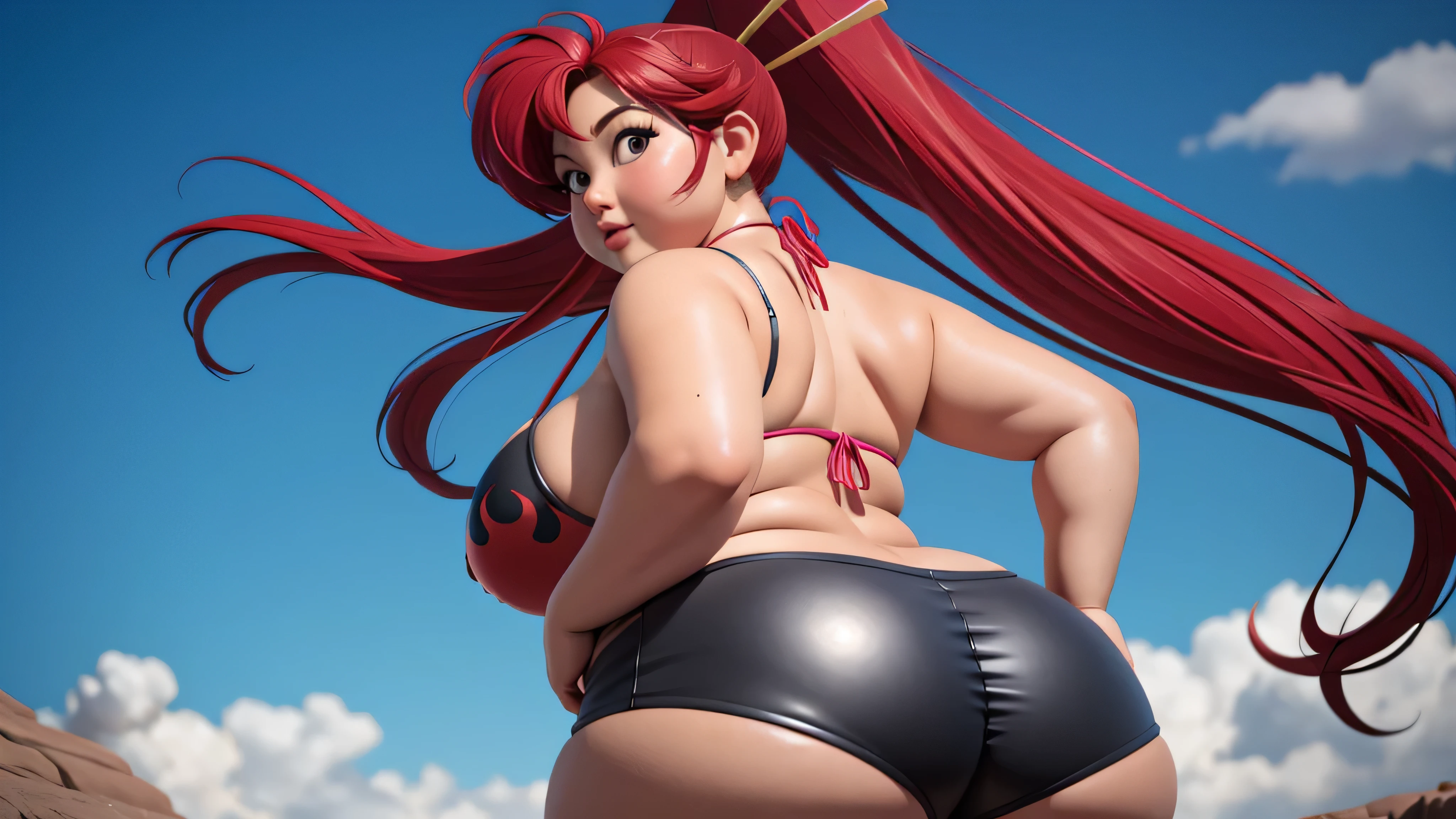 (photorealistic painting art, professional foto, 4K:1.0) Yoko Littner, (face detailed), (standing alone), very wide body, ((beautiful detailed background)), curved, very fat, Broad Hips, huge ass, thick and smooth thighs, very fat flabby arms, realistic lighting, high détail, qualidade hd , face detailed, realistic shading, fat rolls, tamanho huge ass, gigantic huge ass breasts overflowing with fat, decote huge ass, heavy, plus size, everything is fat, soft texture, beautiful big eyes, semi-realistic, dynamic angle, pattern clothes, ssbbw, ver very heavy body, fat belly rolls, bulking, weight gain, mukbang, bbw to ssbbw, bikini and thin leather shorts like her original outfit, FATASS