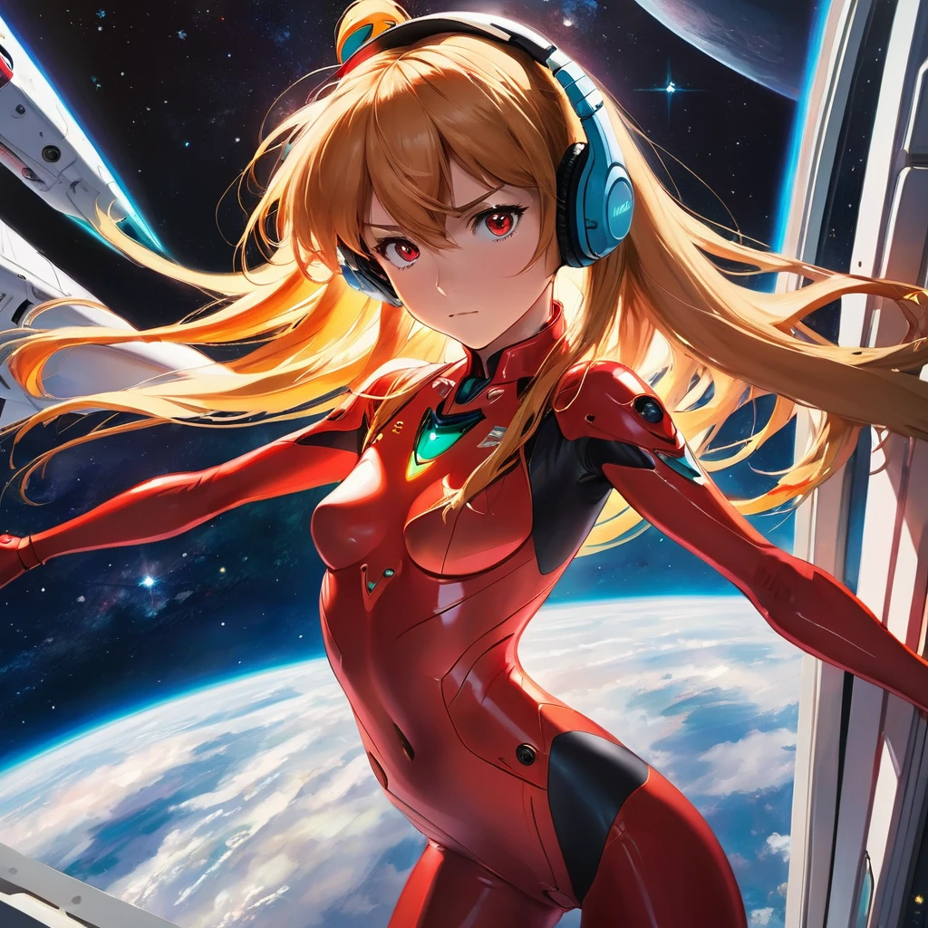 (Overhead view),dynamic angle,ultra-detailed, illustration, close-up, straight on, 1girl, ((souryuu asuka langley, interface headset, red bodysuit:1.4, blonde)),Her eyes shone like dreamy stars,(glowing eyes:1.233),(beautiful and detailed eyes:1.1),(expressionless,closed mouth),(standing), (mechanic room with toolsand spaceship windowin a white SPACESHIP), (night:1.2),dreamy, [[delicate fingers and hands:0.55]::0.85],(detail fingers),
