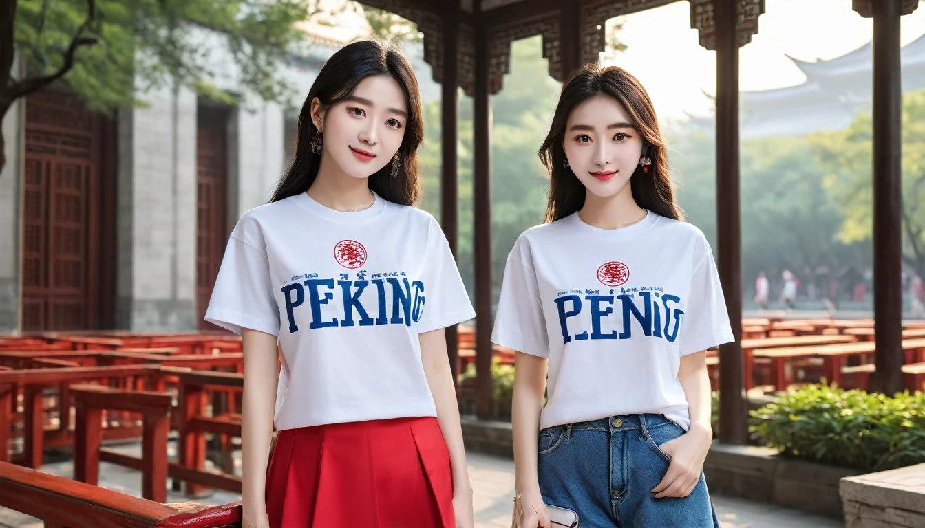 College students wearing Peking University T-shirts。RAW photos，Best quality，（reality，照⽚reality感：1.3），masterpiece，Extremely exquisite and beautiful，High resolution，Original，Perfect lighting，（Extremely detailed CG：1.2），Unification，2k wallpaper，Amazing，Fine details