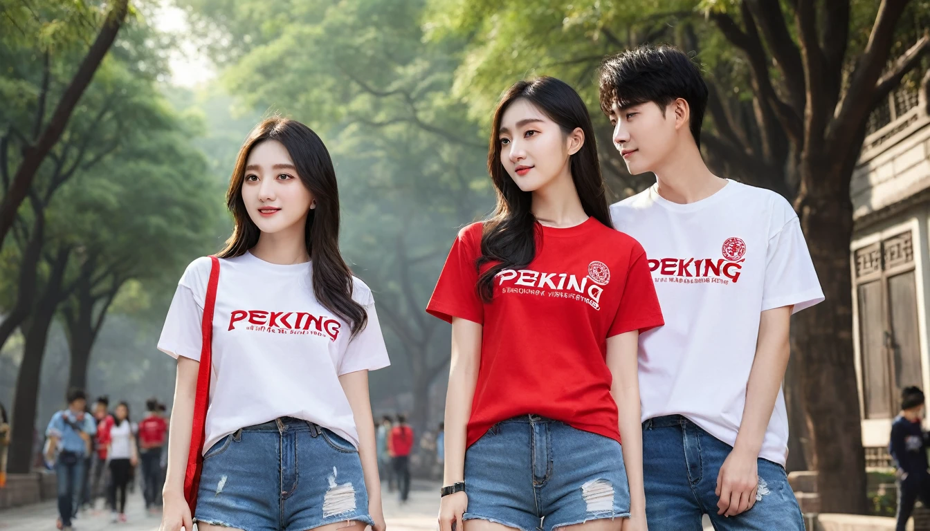 College students wearing Peking University T-shirts。RAW photos，Best quality，（reality，照⽚reality感：1.3），masterpiece，Extremely exquisite and beautiful，High resolution，Original，Perfect lighting，（Extremely detailed CG：1.2），Unification，2k wallpaper，Amazing，Fine details