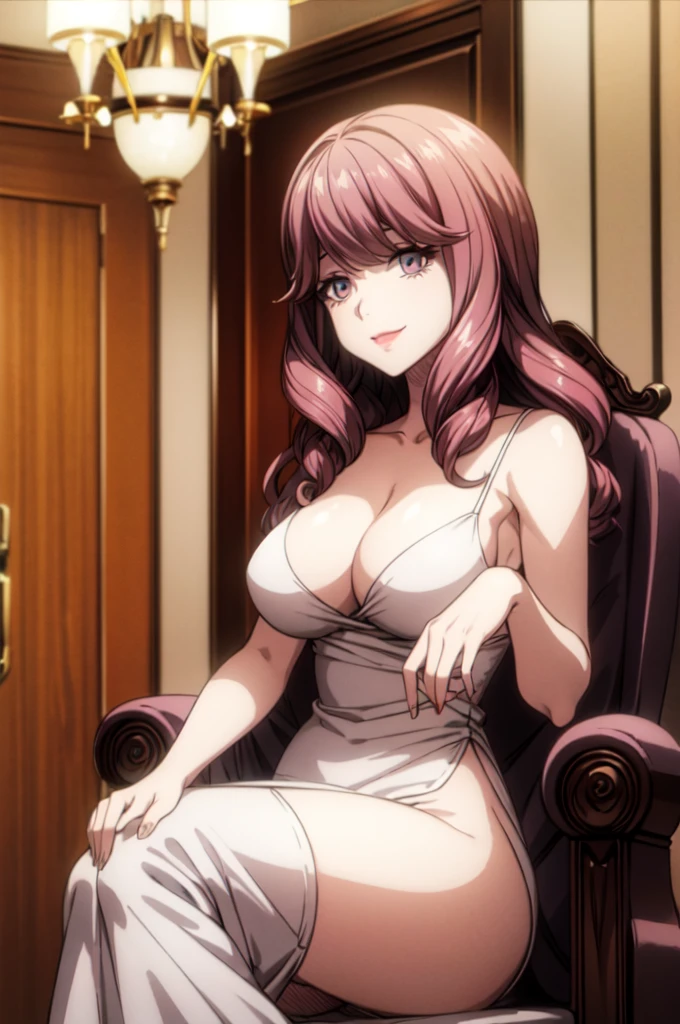 perfect eyes:1.2, detailed eyes:1.4, hall, smile, chandelier, medium hair, sitting, sitting on armchair, Kurayoshi_R, cleavage, large breasts, ass, white dress, pelvic curtain, long dress, medium full shot, thigh-level shot, 1girl,(masterpiece:1.6, best quality),