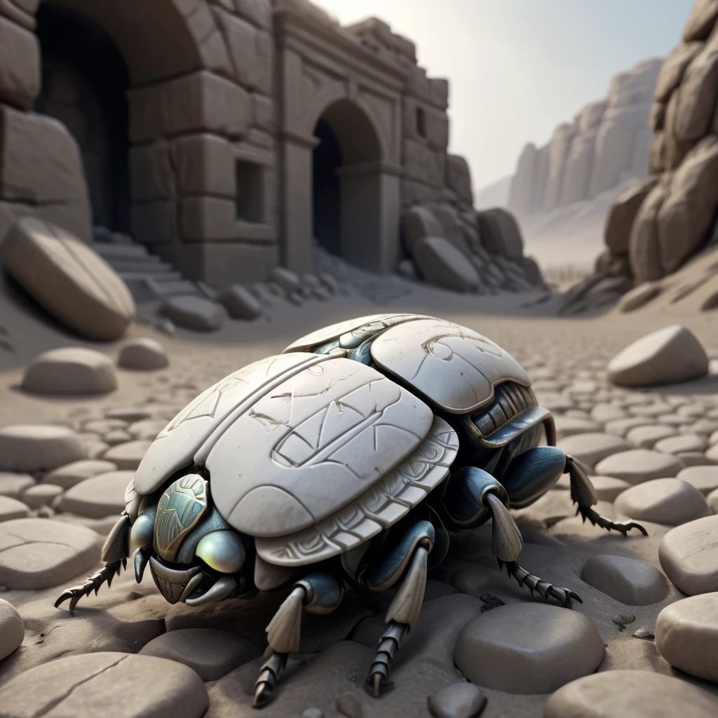 (best quality,4k,8k,highres,masterpiece:1.2),ultra-detailed,(realistic,photorealistic,photo-realistic:1.37), white stone scarab in the desert, illustration,[dark and gritty atmosphere], detailed debris, cobble walls, glowing eyes of the insect, fantasy style, white stone, lights reflecting on the scarab, cold palette, low-key lighting