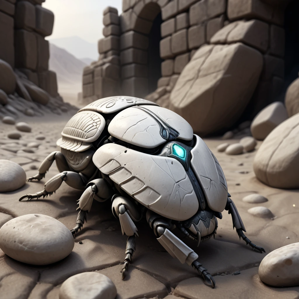 (best quality,4k,8k,highres,masterpiece:1.2),ultra-detailed,(realistic,photorealistic,photo-realistic:1.37), white stone scarab in the desert, illustration,[dark and gritty atmosphere], detailed debris, cobble walls, glowing eyes of the insect, fantasy style, white stone, lights reflecting on the scarab, cold palette, low-key lighting