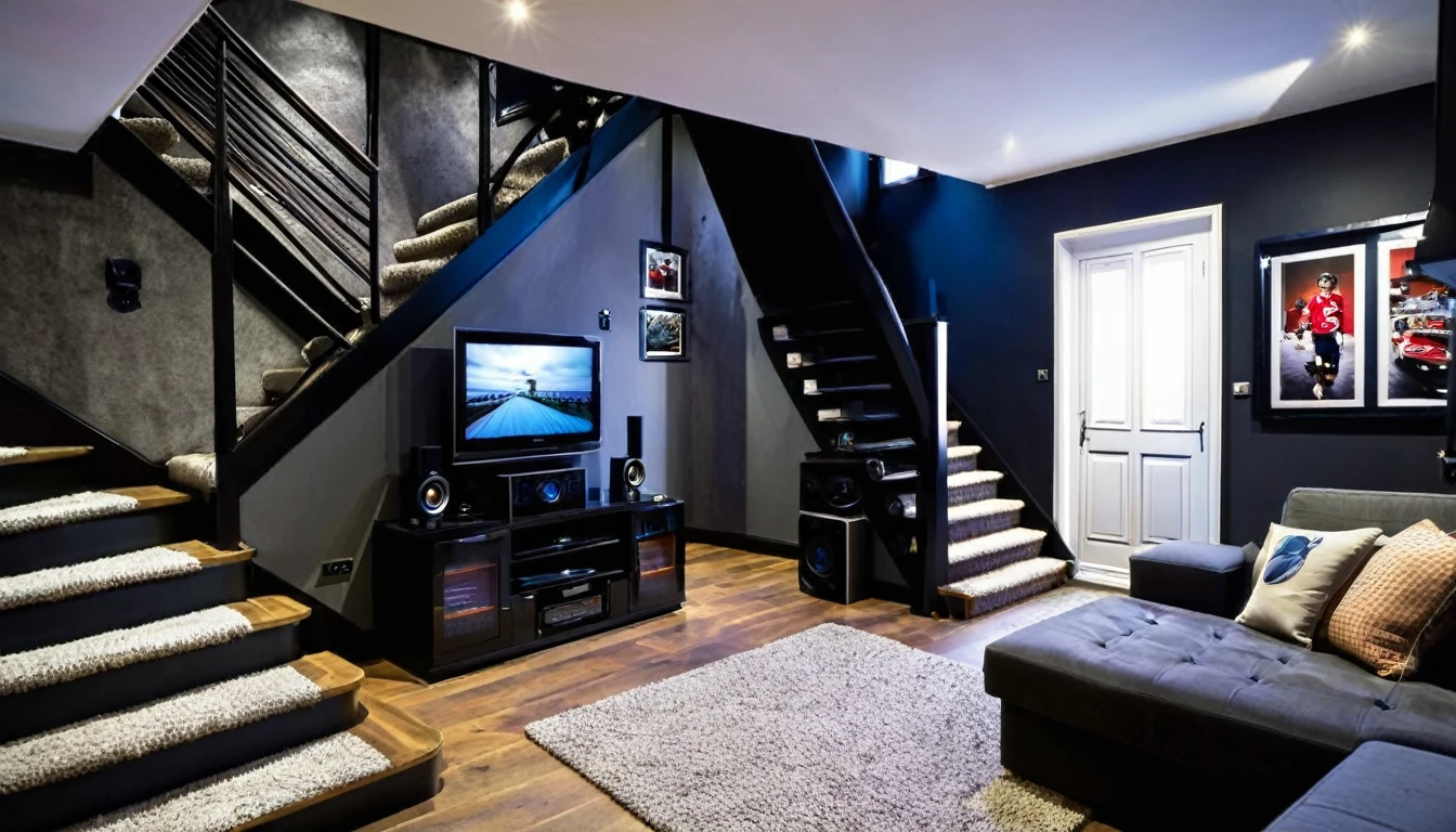living room of the house, cozy, sofa, television, pictures on the walls, carpet on the floor, stairs to the second floor, dark environment