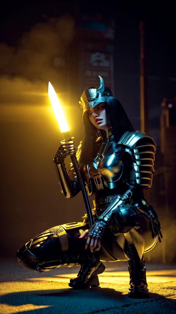 Surreal version of a woman kneeling down on one knee with sword in hand, very beautiful cyberpunk samurai,Sitting on one knee,Futuritic background, cyberpunk anime art, cyberpunk samurai, cyberpunk city anime art, cyberpunk anime, cgsociety 9, digital cyberpunk anime art, style of maciej kuciara .1girl, samurai armor, devil mask helmet, intricate, detailed ornaments, cold colors, metallic, Egyptian details, details very complex, realistic lighting, trending on social cgs, glowing eyes, facing camera, neon details, surreal details, full body portrait, Japanese atmosphere, lighting global, shadow, octane rendering, 8k, super sharp ta.((Best quality)), ((masterpiece)), (details:1.4), 3D, image of a female cyberpunk beautiful,HDR (High Dynamic Range),Beam Range,NVIDIA RTX,Ultra High Resolution,Unreal 5,Subsurface Scattering,PBR Textures,Post-processing,Anisotropic Filtering,Depth of Field, Maximum clarity and sharpness, Multi-layer textures, Albedo and Reflection maps, Surface shadows, Accurate simulation of light-material interaction, Perfect scaling, Octane rendering, Two-tone lighting Color, Wide Aperture, Low ISO, White Balance, Rule of Thirds, 8K RAW,Smoke color background,