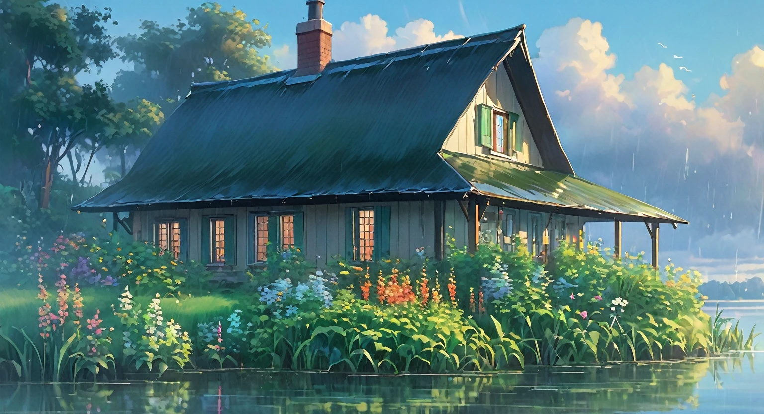 a cozy cottage by the water, reflective water, reed plants, tall grass, flower bushes, raining, cloudy,