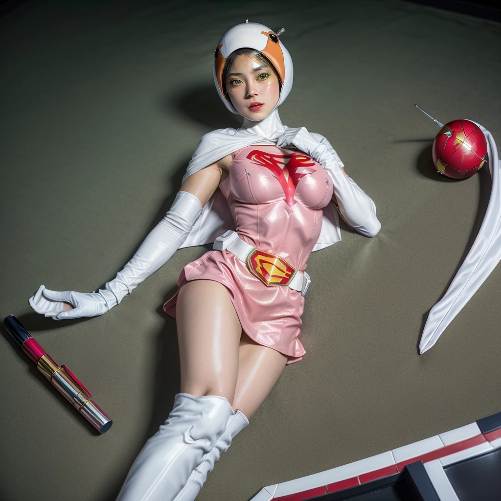 ANI_CLASSIC_jun_gatchaman_ownwaifu,1girl, ,good anatomy, masterpiece, best quality,realistic, hyperrealistic, 16k hdr, long hair,breasts,green eyes,lips,large breasts,lipstick,makeup,gloves,cape,helmet,belt,elbow gloves,white gloves,mask,ultra miniskirt,leotard,spacesuit,white tight overknee highheels boots,pink dress,superhero,bodysuit,cleavage,erected nipples,(lying flat poses, view from above),cameltoe