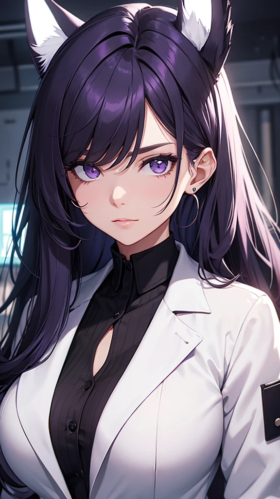 Woman;
cientist;
white labcoat;
black blouse;
big breasts;
purple eyes;
cabelo roxo;
wolf's ears;
Cabelo rabo de cavalo;
