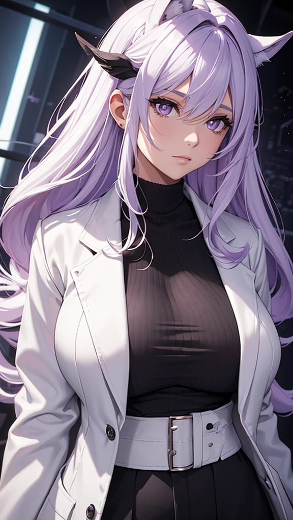 Woman;
cientist;
white labcoat;
black blouse;
big breasts;
purple eyes;
cabelo roxo;
wolf's ears;
Cabelo rabo de cavalo;