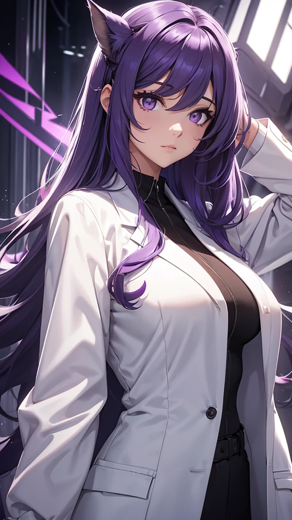 Woman;
cientist;
white labcoat;
black blouse;
big breasts;
purple eyes;
cabelo roxo;
wolf's ears;
Cabelo rabo de cavalo;
