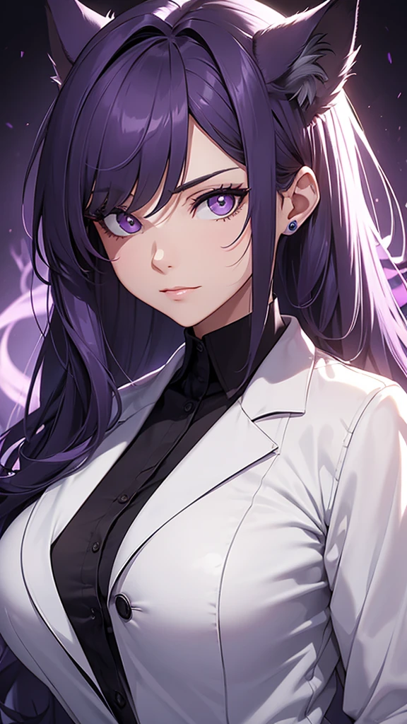 Woman;
cientist;
white labcoat;
black blouse;
big breasts;
purple eyes;
cabelo roxo;
wolf's ears;