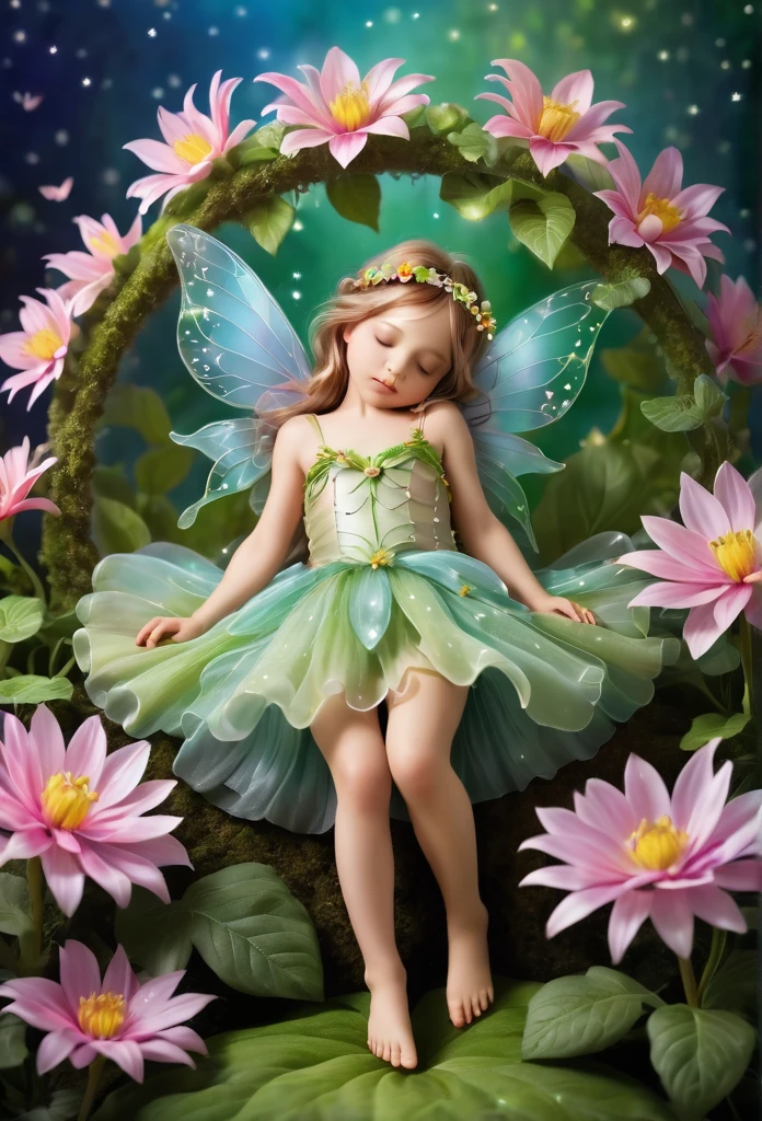 Little fairy gracefully sleeping in a flower,full body,magic background 