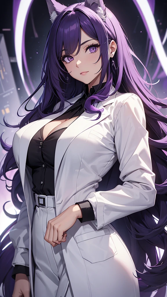 Woman;
cientist;
white labcoat;
black blouse;
big breasts;
purple eyes;
cabelo roxo;
wolf's ears;