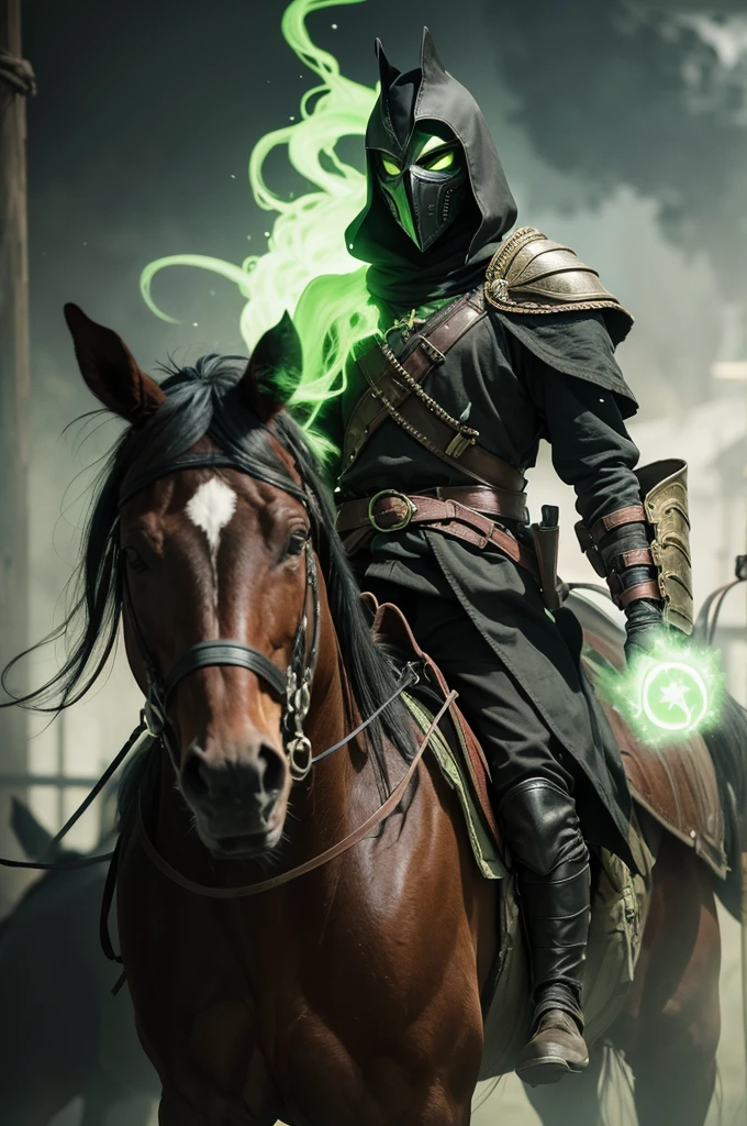 He makes a mask with a sick face that vomit comes out of his mouth he rides on his horse that represents death taking the lives taken by plague a green aura comes out of his body