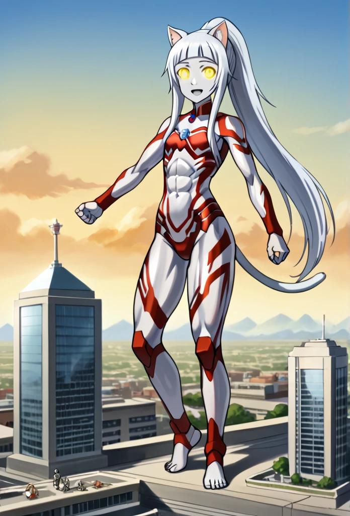 1girl, solo, anime style, 4k quality, masterpiece, best quality, ultra series, sword art online, lolita, cat girl, yui, long hair, blunt bangs, white hair, very long hair, high ponytail, cat ears, cat tail, barefoot, ultragirl, robot, colored skin, glowing eyes, yellow eyes, flat chest, giantess, giant, metallic face, metallic skin, shiny skin, chrome skin, gem on chest, colour timer on chest, chest jewel, blue jewel, muscular, abs, muscular female, Female Bodybuilding Style, ultra beam ( a cross-shape or an L-shape with your arms and firing a beam from your upright arm), thick_thighs, looking at viewer, full body, smile face, open mouth, standing, giantess, outdoor, city, citycape, skyscraper