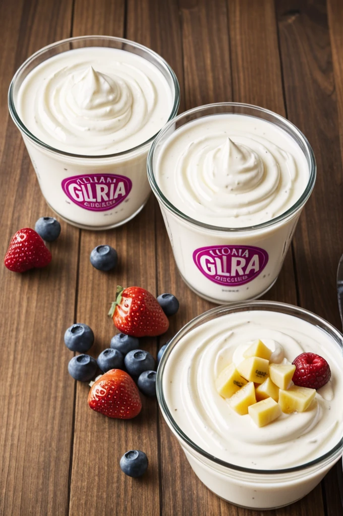 I want a logo for a creamy yogurt with fruits that says Yogurt Gloria