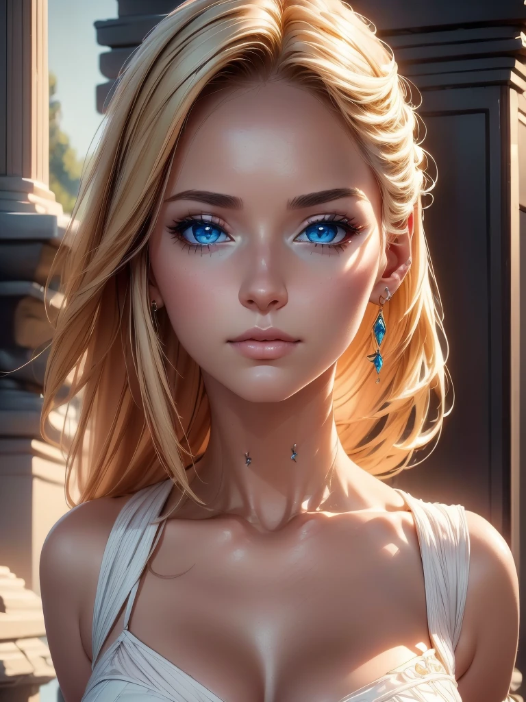 A beautiful woman with piercing blue eyes and flowing white hair, (best quality,4k,8k,highres,masterpiece:1.2),ultra-detailed,(realistic,photorealistic,photo-realistic:1.37),fantasy art, cgsociety, artstation hd, anime, anime aesthetic, detailed face, detailed skin, detailed hair, detailed eyes, detailed lips, detailed clothing, elegant dress, detailed jewelry, dramatic lighting, cinematic composition, vibrant colors, digital painting, concept art, female protagonist, magical realism, ethereal beauty