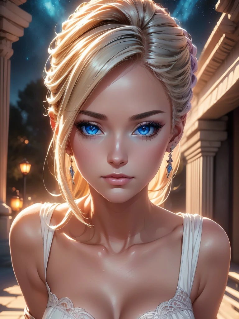 A beautiful woman with piercing blue eyes and flowing white hair, (best quality,4k,8k,highres,masterpiece:1.2),ultra-detailed,(realistic,photorealistic,photo-realistic:1.37),fantasy art, cgsociety, artstation hd, anime, anime aesthetic, detailed face, detailed skin, detailed hair, detailed eyes, detailed lips, detailed clothing, elegant dress, detailed jewelry, dramatic lighting, cinematic composition, vibrant colors, digital painting, concept art, female protagonist, magical realism, ethereal beauty