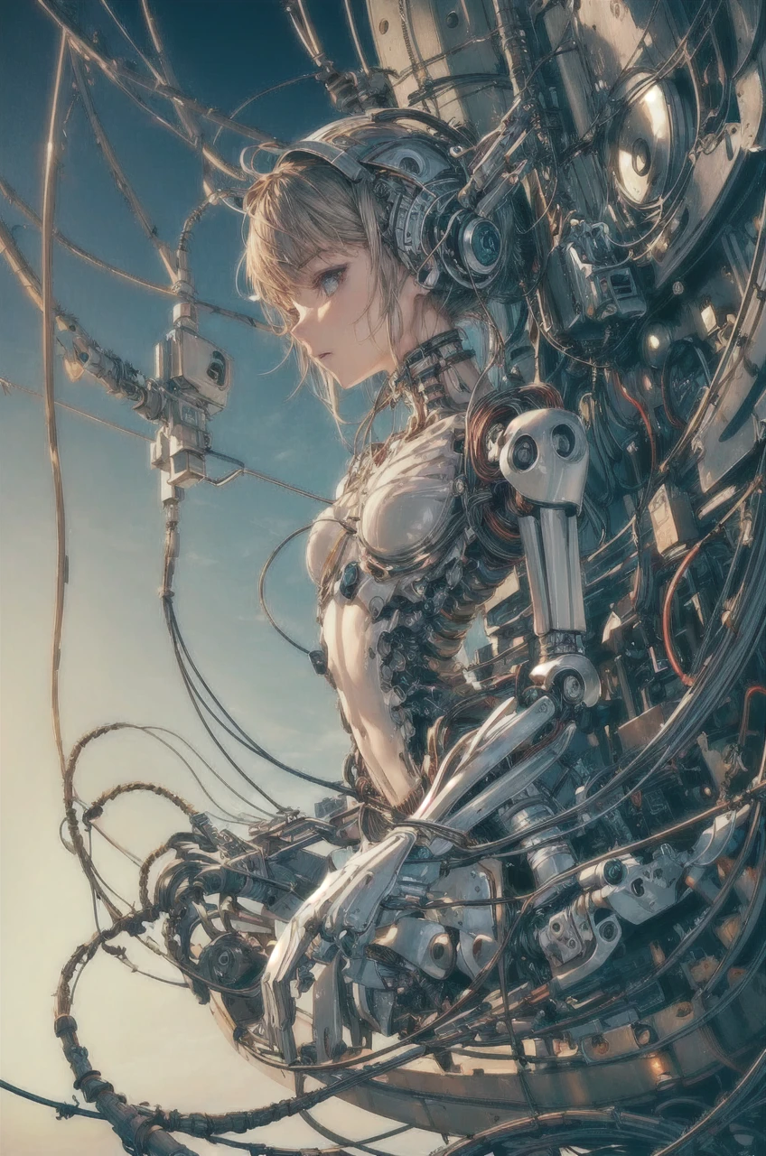 (((masterpiece))), ((best quality)), (ultra-detailed), (CG illustration), (an extremely devious and beautiful)), cinematic light, ((1 mechanical girl)), single, (machine-made joints: 1.4), ((mechanical limbs)), ( blood vessels attached to the tube), ((mechanical spine attached to the back)), ((mechanical cervical vertebrae attached to the neck), ((back to the viewer)), expressionless, (wires and cables attached to the head and body: 1.5), science fiction, apocalypse, ruins