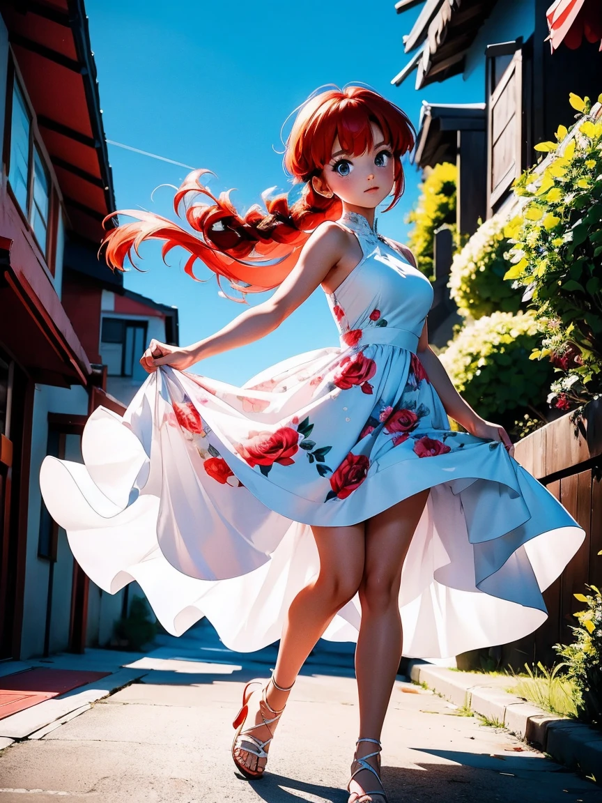 Redhead anime girl in short white dress with roses design wedding, overskirt, 18 yrs old, Body cute, breasts small, with hands behind head, running your hands through your hair, sexy girl, red hair with braid , beautiful lighting, softshadows, blue colored eyes, pretty legs, hair with braid, anime styling, ranma chan, Autora Rumiko Takahashi, Based on a work by Rumiko Takahashi, Anime Ranma 1/ 2, decote sexy, robust hip, fully body, fully body, Busts mall, young girl with beautiful and beautiful body, sandals on his feet, garota rs old jovem baixa estatura, wearing a short white dress with rose designs, floral print, dress with flower art of roses, anime girl, anime styling, beautiful feet in sandals, 45° viewing angle, plein-air, vestido com floral print rosas, pink flower print dress