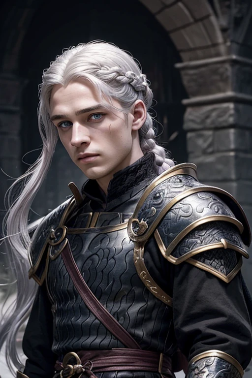 Male and Prince of House Targaryen aged 20-25, intense violet eyes penetrating and determined. Your hair is golden-silver, long and usually tied in a ponytail or braid. Has fair skin, almost pale, with some visible scars from previous battles. Their battle attire consists of ornate black armor with bronze accents., reflecting your dragon's name. On the chest, a three-headed dragon in relief. His helmet is a helmet with a visor stylized to resemble a dragon's head., with openings that resemble reptile eyes. Its cape is a deep red, secured by a brooch in the shape of a dragon's head. as a weapon, he wields a long steel sword, with a guard in the shape of dragon wings and a black leather grip