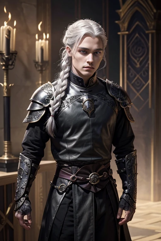 Male and Prince of House Targaryen aged 20-25, intense violet eyes penetrating and determined. Your hair is golden-silver, long and usually tied in a ponytail or braid. Has fair skin, almost pale, with some visible scars from previous battles. Their battle attire consists of ornate black armor with bronze accents., reflecting your dragon's name. On the chest, a three-headed dragon in relief. His helmet is a helmet with a visor stylized to resemble a dragon's head., with openings that resemble reptile eyes. Its cape is a deep red, secured by a brooch in the shape of a dragon's head. as a weapon, he wields a long steel sword, with a guard in the shape of dragon wings and a black leather grip
