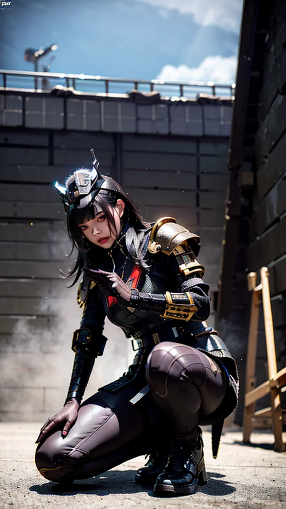 Surreal version of a woman kneeling down on one knee with sword in hand, very beautiful cyberpunk samurai,Sitting on one knee,Futuritic background,  cyberpunk anime art, cyberpunk samurai, cyberpunk city anime art, cyberpunk anime, cgsociety 9, digital cyberpunk anime art, style of maciej kuciara .1girl, samurai armor, devil mask helmet, intricate, detailed ornaments, cold colors, metallic, Egyptian details, details very complex, realistic lighting, trending on social cgs, glowing eyes, facing camera, neon details, surreal details, full body portrait, Japanese atmosphere, lighting global, shadow, octane rendering, 8k, super sharp lolita.((Best quality)), ((masterpiece)), (details:1.4), 3D, image of a female cyberpunk beautiful,HDR (High Dynamic Range),Beam Range,NVIDIA RTX,Ultra High Resolution,Unreal 5,Subsurface Scattering,PBR Textures,Post-processing,Anisotropic Filtering,Depth of Field, Maximum clarity and sharpness, Multi-layer textures, Albedo and Reflection maps, Surface shadows, Accurate simulation of light-material interaction, Perfect scaling, Octane rendering, Two-tone lighting Color, Wide Aperture, Low ISO, White Balance, Rule of Thirds, 8K RAW,Smoke color background, Blade red blood,Lisa BlackPink ,
