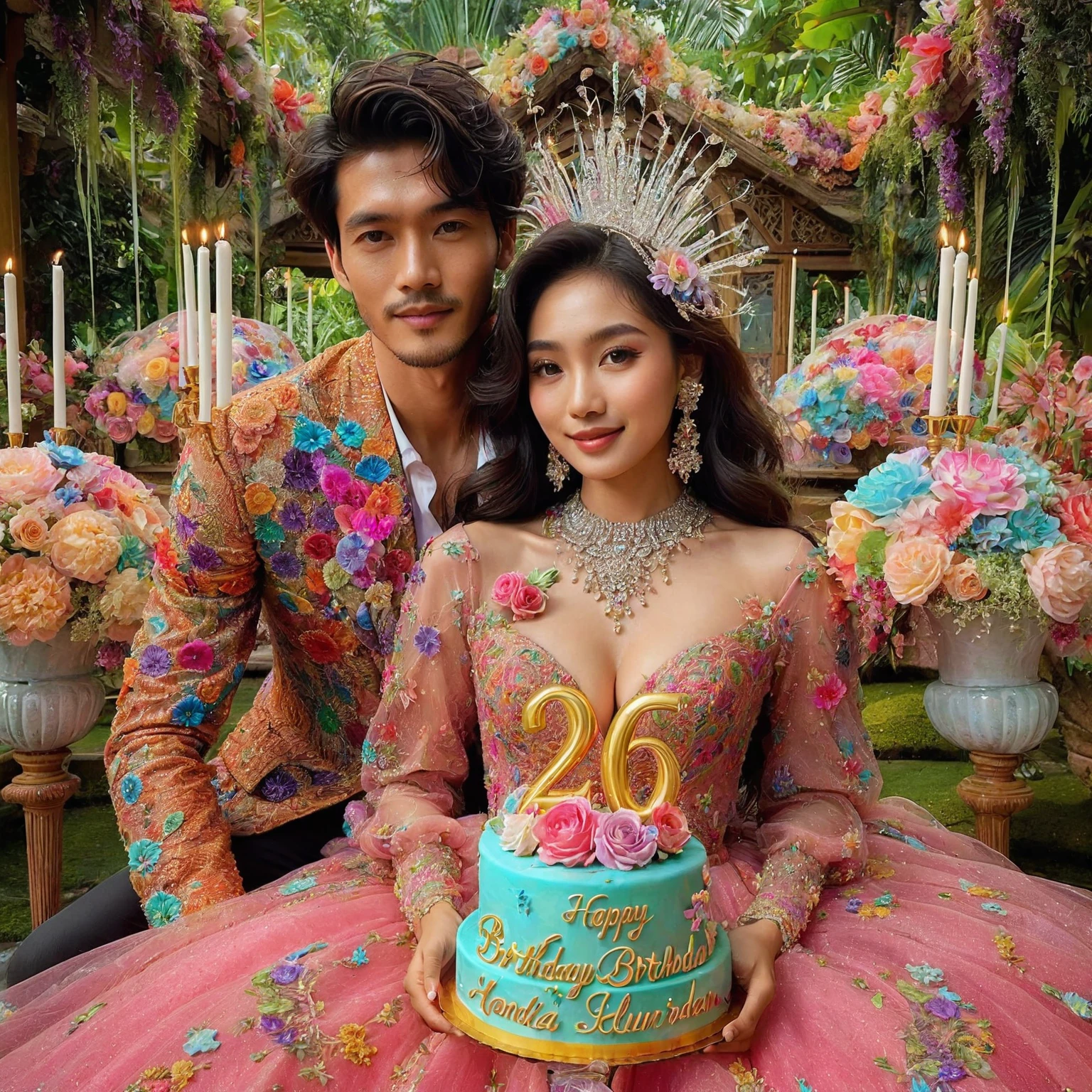 Stunning surrealist of 26th birthday celebrations, Close-up shot; 26 year old Indonesian woman wearing a colorful luxurious birthday dress with intricate decorations with a handsome man, romantic pose, they celebrate the woman's birthday in a stunning paradise garden with decoration, the woman holds a birthday cake "HAPPY BIRTHDAY AMELIA SEKAR HARUM", "26 ", they are happy, smiling, daytime mood, lens flare, birthday party decoration, UHD 1536px, high quality photo.