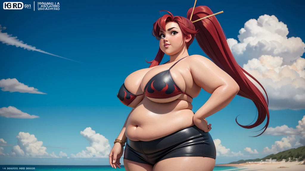(photorealistic painting art, professional foto, 4K:1.0) Yoko Littner, (face detailed), (standing alone), very wide body, ((beautiful detailed background)), curved, very fat, Broad Hips, huge ass, thick and smooth thighs, very fat flabby arms, realistic lighting, high détail, qualidade hd , face detailed, realistic shading, fat rolls, tamanho huge ass, gigantic huge ass breasts overflowing with fat, decote huge ass, heavy, plus size, everything is fat, soft texture, beautiful big eyes, semi-realistic, dynamic angle, pattern clothes, ssbbw, ver very heavy body, fat belly rolls, bulking, weight gain, mukbang, bbw to ssbbw, bikini and thin leather shorts like her original outfit, VERY LARGE BODY