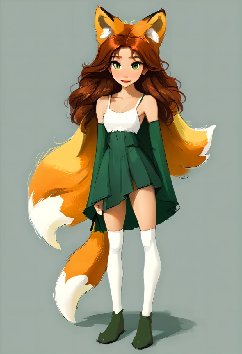 Full-length portrait of a very cute humanoid fox, with a tail, ear, and fox face, dark orange fox fur, long hair, dark red hair color, olhos na cor verde, wearing white tank top, green skirt and a green cape long to the knees, White background, webtoon style