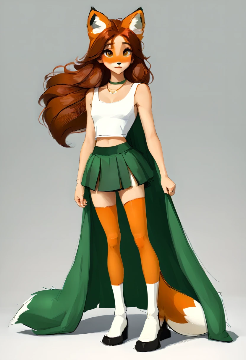 Full-length portrait of a very cute humanoid fox, with a tail, ear, and fox face, dark orange fox fur, long hair, dark red hair color, olhos na cor verde, wearing white tank top, green skirt and a green cape long to the knees, White background, webtoon style