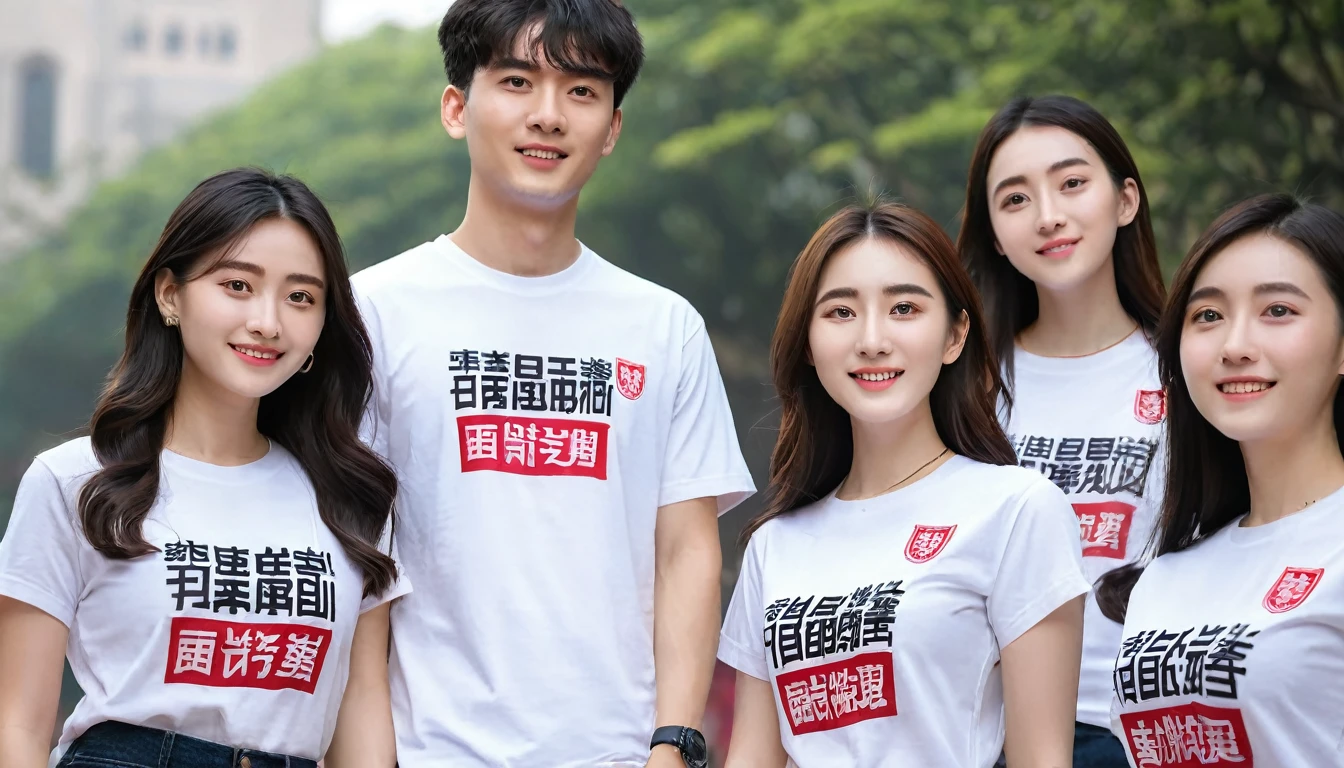 College students wearing Fudan University T-shirts。(RAW photos,Best quality),(reality,照⽚reality感:1.3),masterpiece,Extremely exquisite and beautiful,High resolution,Original,Perfect lighting,(Extremely detailed CG:1.2),Unification,2k wallpaper,Amazing,Fine details