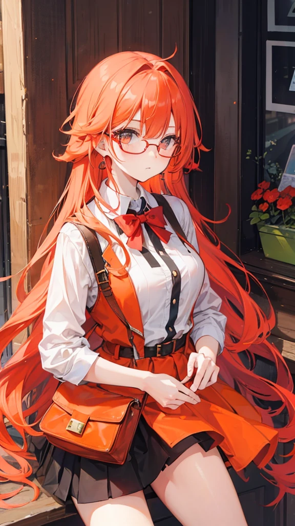 Girl with long orange hair wearing red glasses