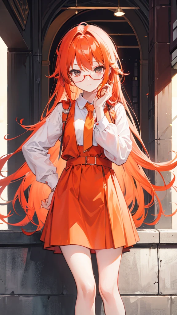 Girl with long orange hair wearing red glasses
