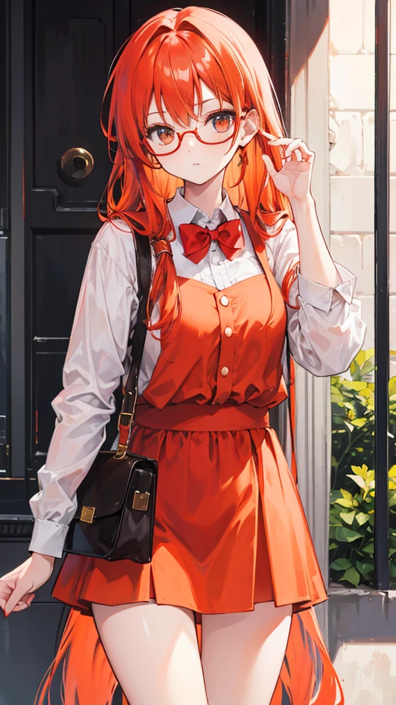 Girl with long orange hair wearing red glasses