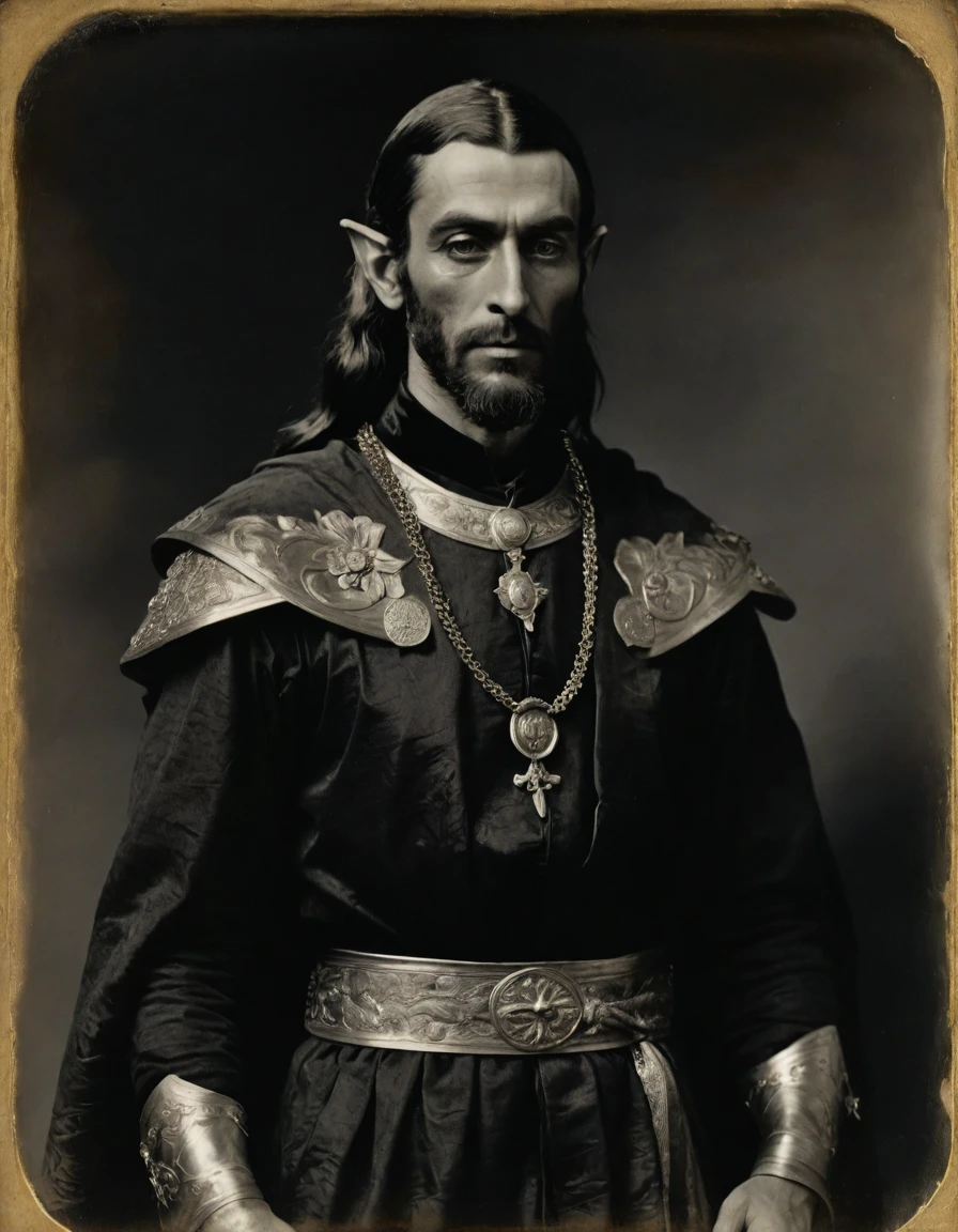 by Théodore Géricault, ((((Rough monochrome, daguerreotype)))), the composition is: (((male high elf, bronze skin, elven ears, Assyrian beard, ne is wearing a black Mughal caftan with art déco elements, sashes, medals, pendants))).