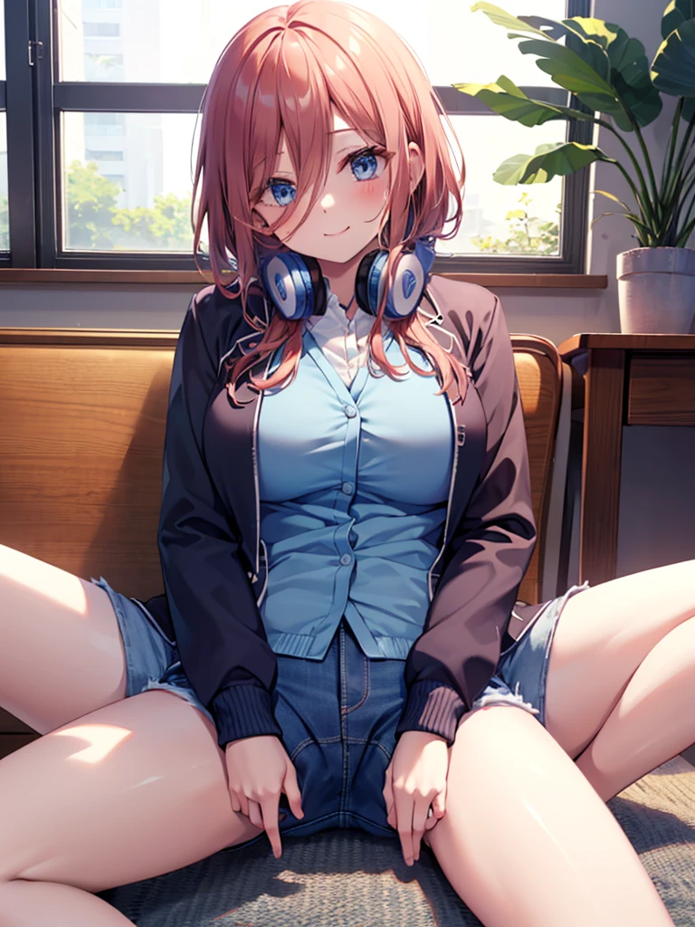 (8K, Highest quality, Highest quality, masterpiece), sit on the floor, (denim hot micro shorts), (vulva peek), big breasts, ((spread legs 1:2)), nm1, headphones around neck, long sleeves, blue cardigan, pantyhose, (fullbody), smile, school uniform, open jacket