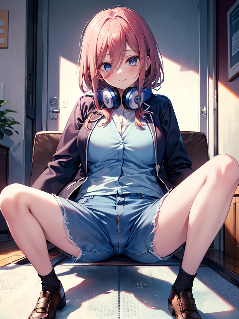 (8K, Highest quality, Highest quality, masterpiece), sit on the floor, (denim hot micro shorts), (vulva peek), big breasts, ((spread legs 1:2)), nm1, headphones around neck, long sleeves, blue cardigan, pantyhose, (fullbody), smile, school uniform, open jacket