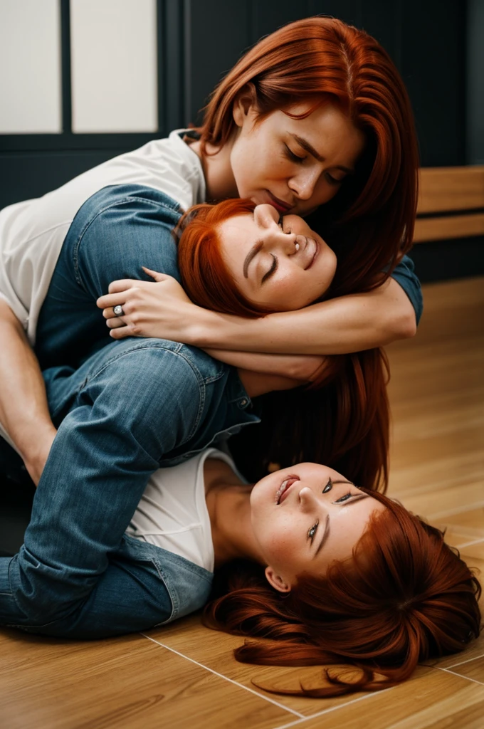 A couple, she was lying on the floor, He had her in his arms, kneeling next to her., she with red hair and he with brown hair, she was crying while he hugged her