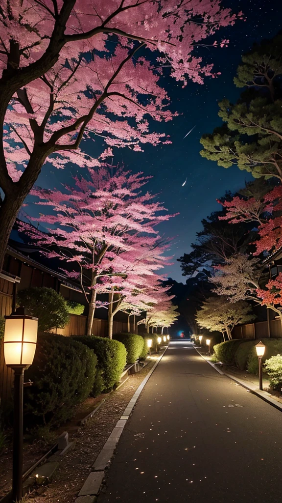Official Art, Ancient Japan, treeTSakura Streets, (Lots of Fireflies), (Night), (Moon), (Star), Lights, Beautiful Landscapes, Epic Landscapes, Realistic Lights, Masterpiece, High Quality, Beautiful Graphics, High Detail , Global Illumination, Unreal Engine Rendering, Octane Rendering, (HDR: 1.3)