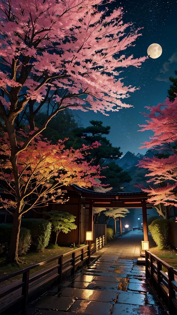 Official Art, Ancient Japan, treeTSakura Streets, (Lots of Fireflies), (Night), (Moon), (Star), Lights, Beautiful Landscapes, Epic Landscapes, Realistic Lights, Masterpiece, High Quality, Beautiful Graphics, High Detail , Global Illumination, Unreal Engine Rendering, Octane Rendering, (HDR: 1.3)