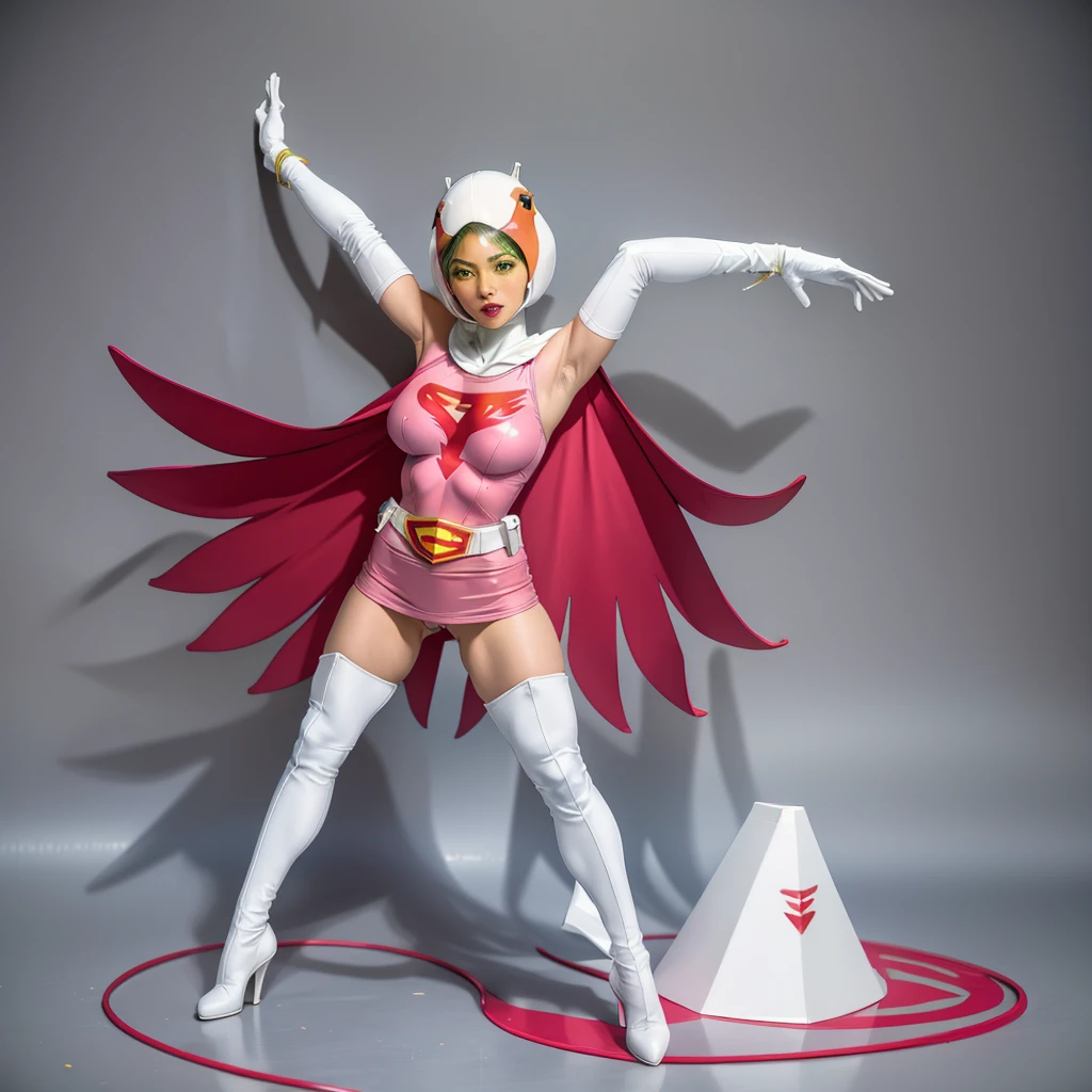 ANI_CLASSIC_jun_gatchaman_ownwaifu,1girl, ,good anatomy, masterpiece, best quality,realistic, hyperrealistic, 16k hdr,breasts,green eyes,lips,large breasts,lipstick,makeup,gloves,cape,helmet,belt,elbow gloves,white gloves,mask,ultra miniskirt,leotard,spacesuit,white tight overknee highheels boots,pink dress,superhero,bodysuit,cleavage,erected nipples,((standing pose,spread legs, arms up straight)),cameltoe