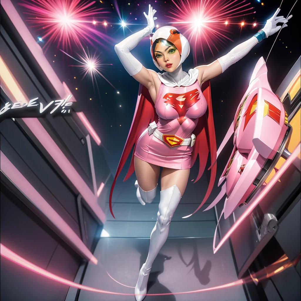 ANI_CLASSIC_jun_gatchaman_ownwaifu,1girl, 15 years old,good anatomy, masterpiece, best quality,realistic, hyperrealistic, 16k hdr,breasts,green eyes,lips,large breasts,lipstick,makeup,gloves,cape,helmet,belt,elbow gloves,white gloves,mask,ultra miniskirt,leotard,spacesuit,white tight overknee highheels boots,pink dress,superhero,bodysuit,cleavage,erected nipples,((standing pose,spread legs, arms up straight)),cameltoe