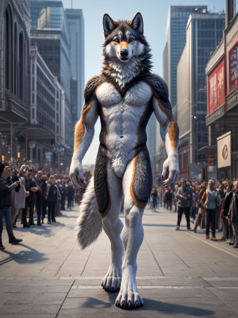 anthro,nude,detailed fur,detailed eyes,smiling,multicolored body,multicolored fur,solo,male,wolf,hi res,fur,digitigrade,look at viewer,front view,claws,walking,anatomically correct,city,crowd,outside,full body