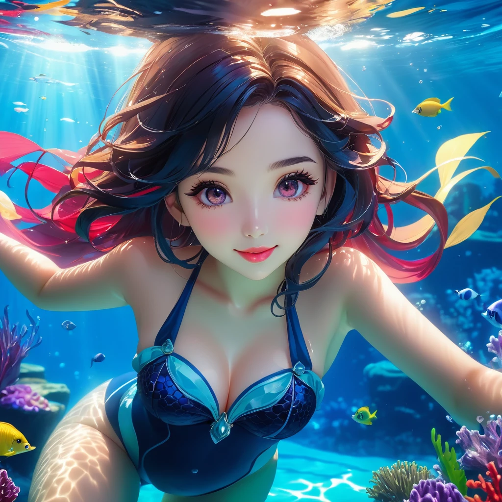 (Masterpiece: 1.2), exquisite and detailed, 4k: 1.2, 8k: 1.2, high resolution: 1.2, Vtuber Shylily, full body, swimming and posing for photo, immersed in an enchanting underwater world, underwater scene recreated with details of high fidelity, HD wallpaper, highly detailed environments, cinematic lighting that accentuates beauty, detailed and expressive eyes, capturing the essence of Shylily's unique charm, beautiful detailed lips and a radiant and captivating smile, making this an unforgettable moment