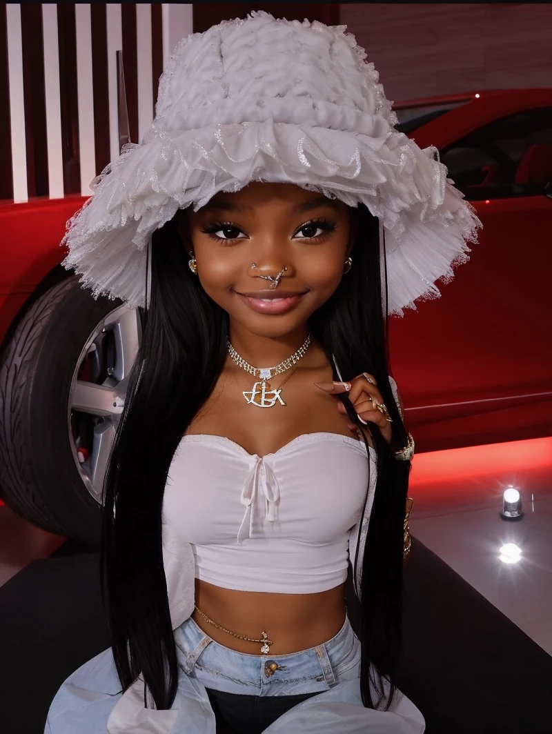Brownskin baddie with shiny grillz smiling, holding up a peace sign