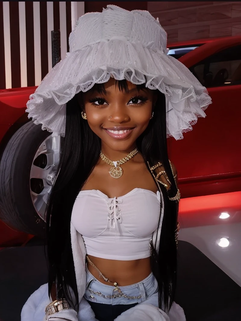Brownskin baddie with shiny grillz smiling, holding up a peace sign